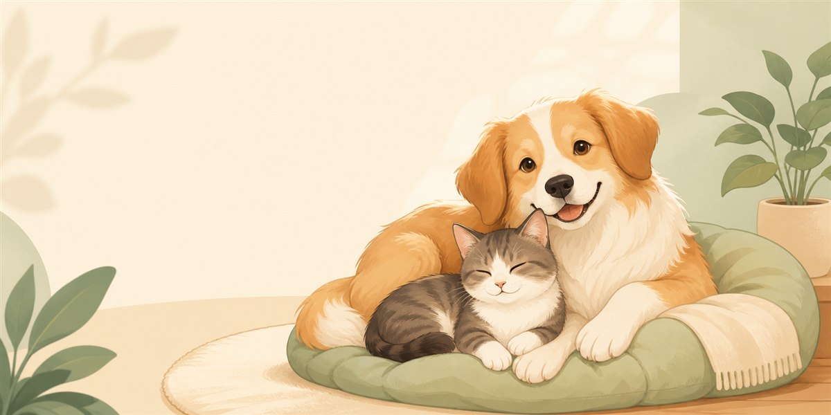 Soft illustration of a dog and cat resting together on a cushion